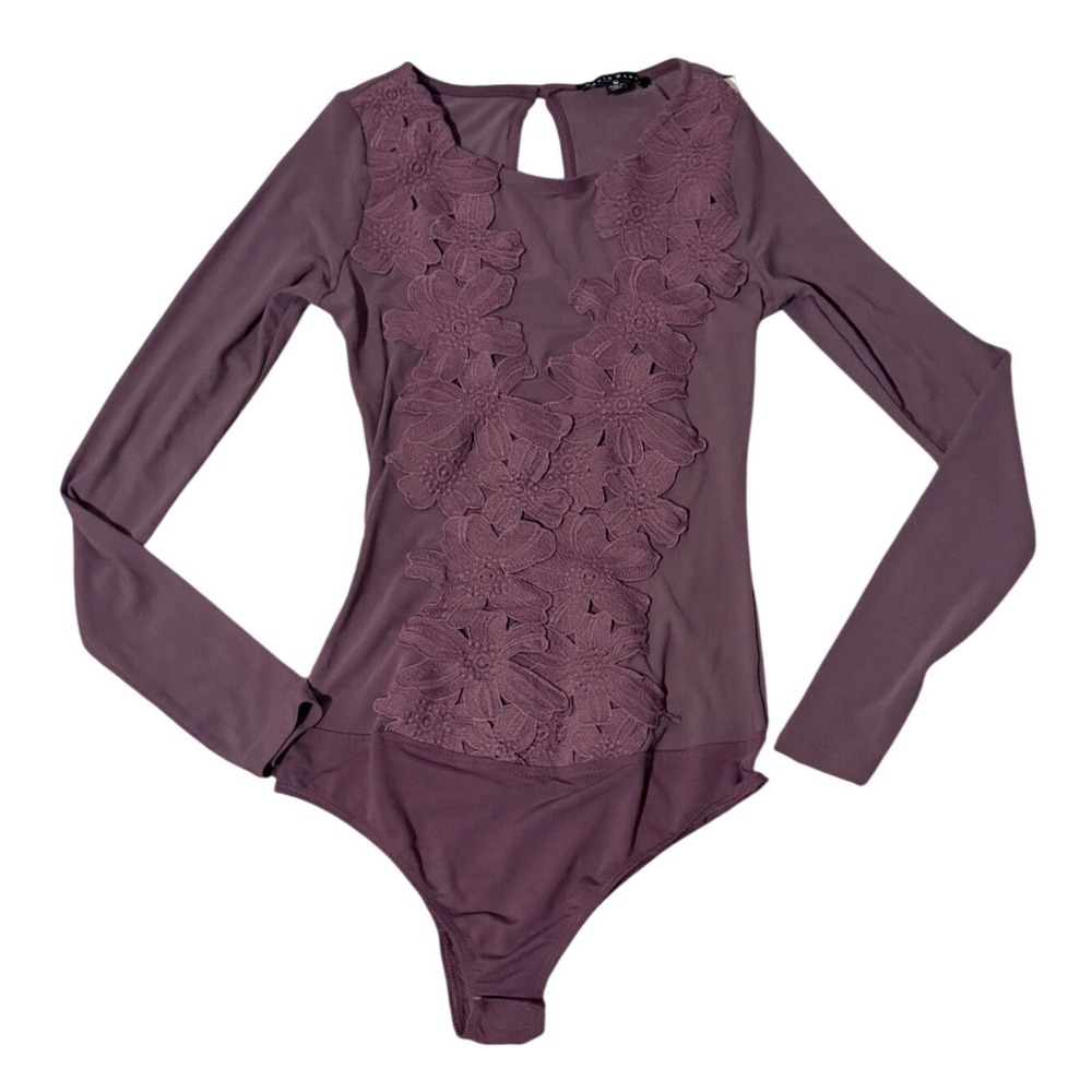 NWT Haute Monde Mauve Purple Floral Lace Mesh Long Sleeve Bodysuit M